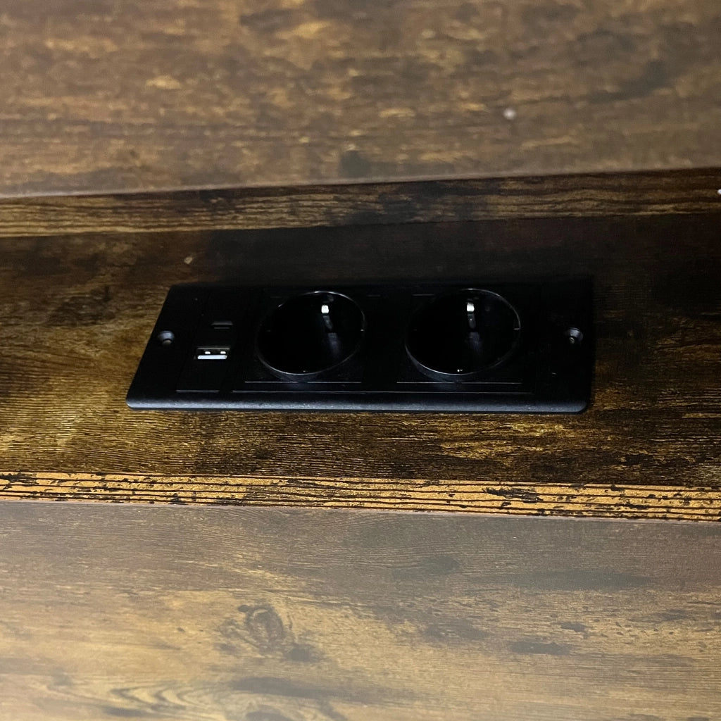 Letto in legno 140x200 cm, con contenitore e ripiani, illuminazione a LED, presa di ricarica, stile retro, marrone