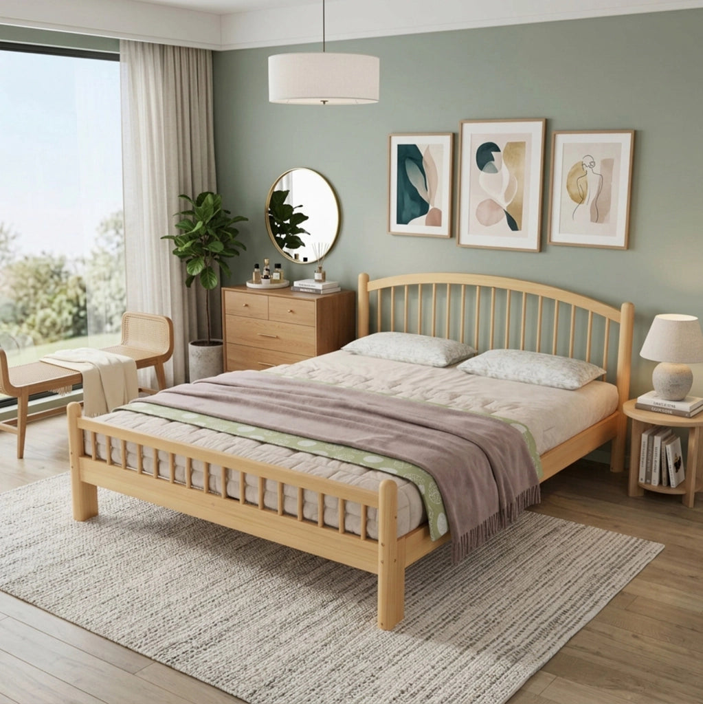 Letto in legno massello 140x200 cm dal design minimal con rete a doghe