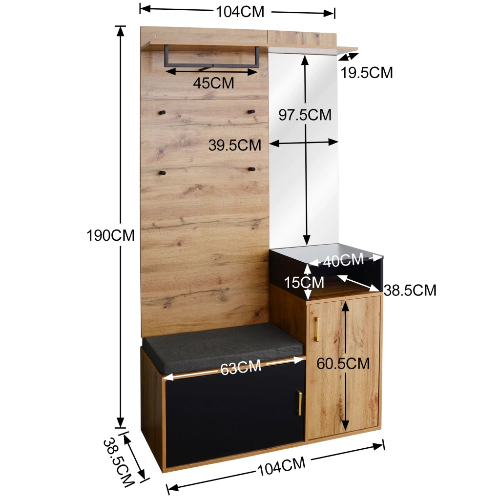 ARMADIO INGRESSO Set da 2 pezzi con specchio 105x40x191,5 cm Nero/Legno