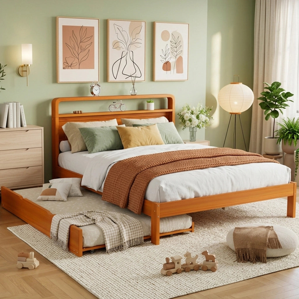 Letto in legno naturale 140x200 cm con letto estraibile 90x190 cm, soluzione 2 in 1 salvaspazio