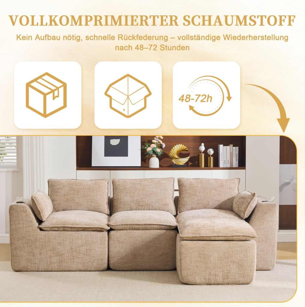 Divano modulare 3 posti con pouf; cuscini e tasche laterali; in ciniglia kaki; 256x161x75 cm