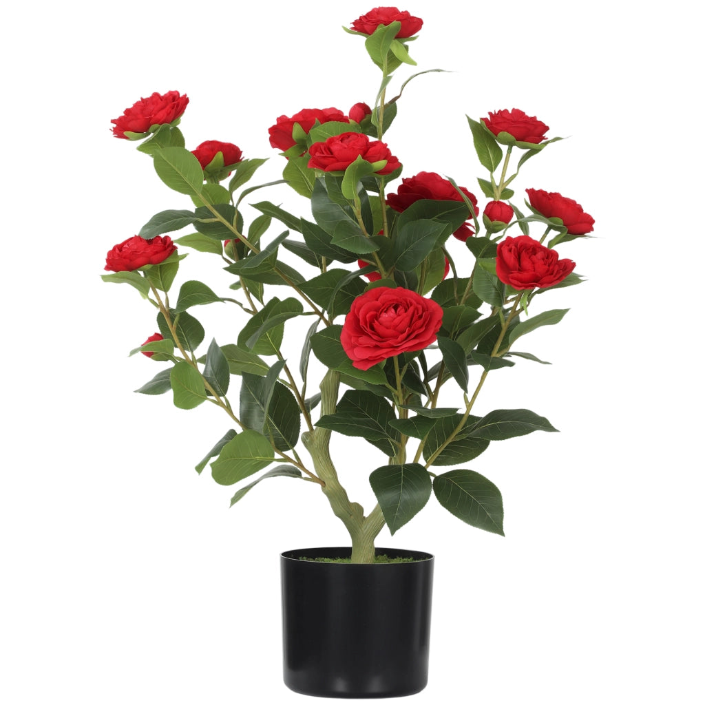 Planta Artificiale Camelia in Vaso con Fiori ¨C Minimal ¨C 65 cm, Effetto Muschio Rosso