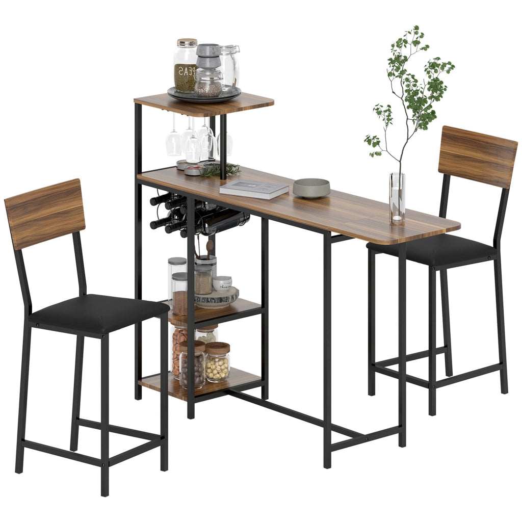 Set Tavolo da Pranzo Pieghevole con Portabottiglie e 2 Sgabelli ¨C Xylo ¨C Metallo Nero Legno Marrone