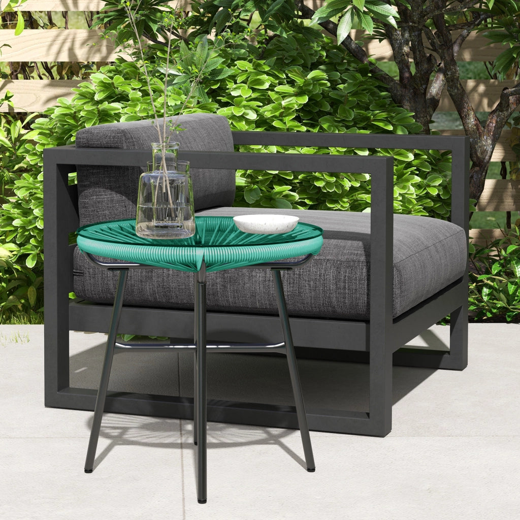 Tavolino da giardino rotondo in resina effetto rattan con piano in vetro temperato e gambe in metallo ¨C Minimal ¨C ?50xH50 cm