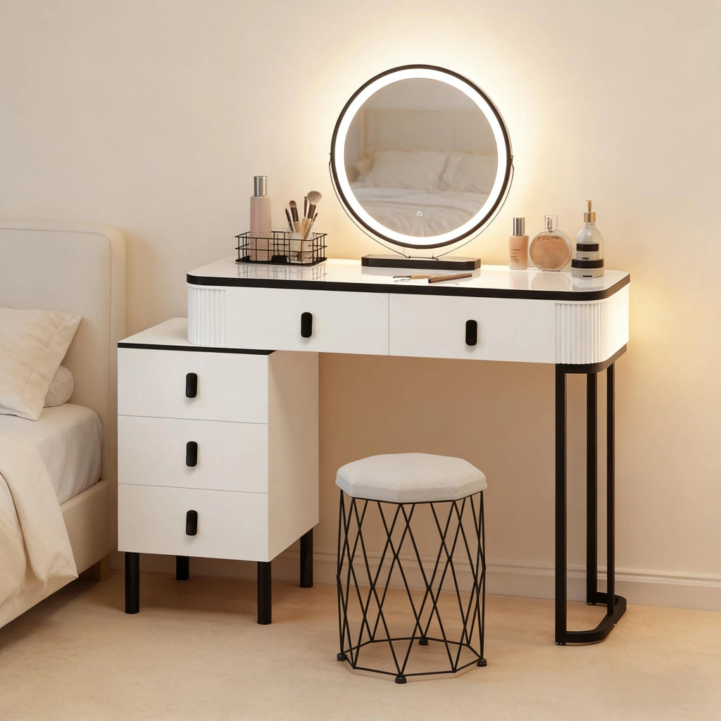 Toeletta con 5 cassetti; specchio LED orientabile e sgabello; per camera da letto e ufficio