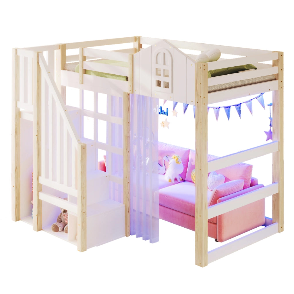 Letto a castello bianco e naturale in pino con luci LED 90x200 cm