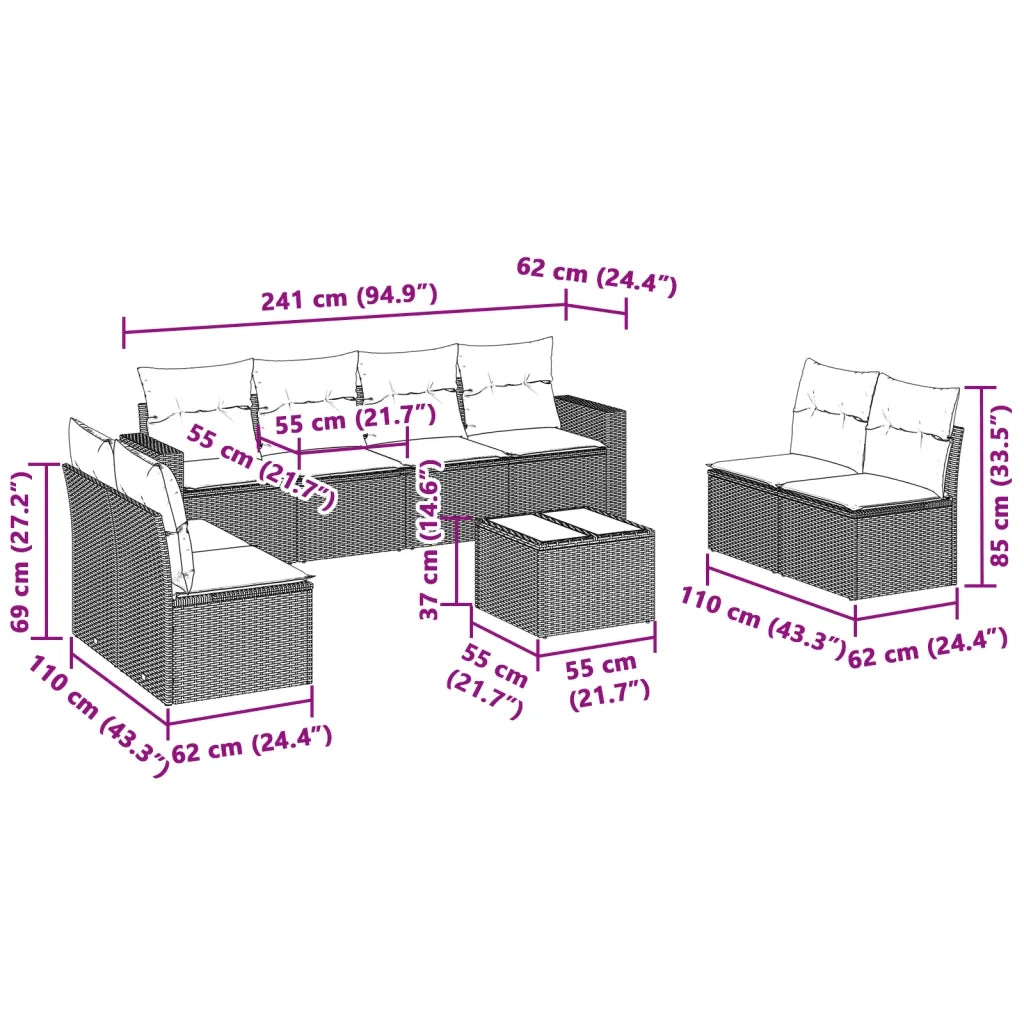 Set Divano da Giardino 9pz con Cuscini Grigio Chiaro Polyrattan