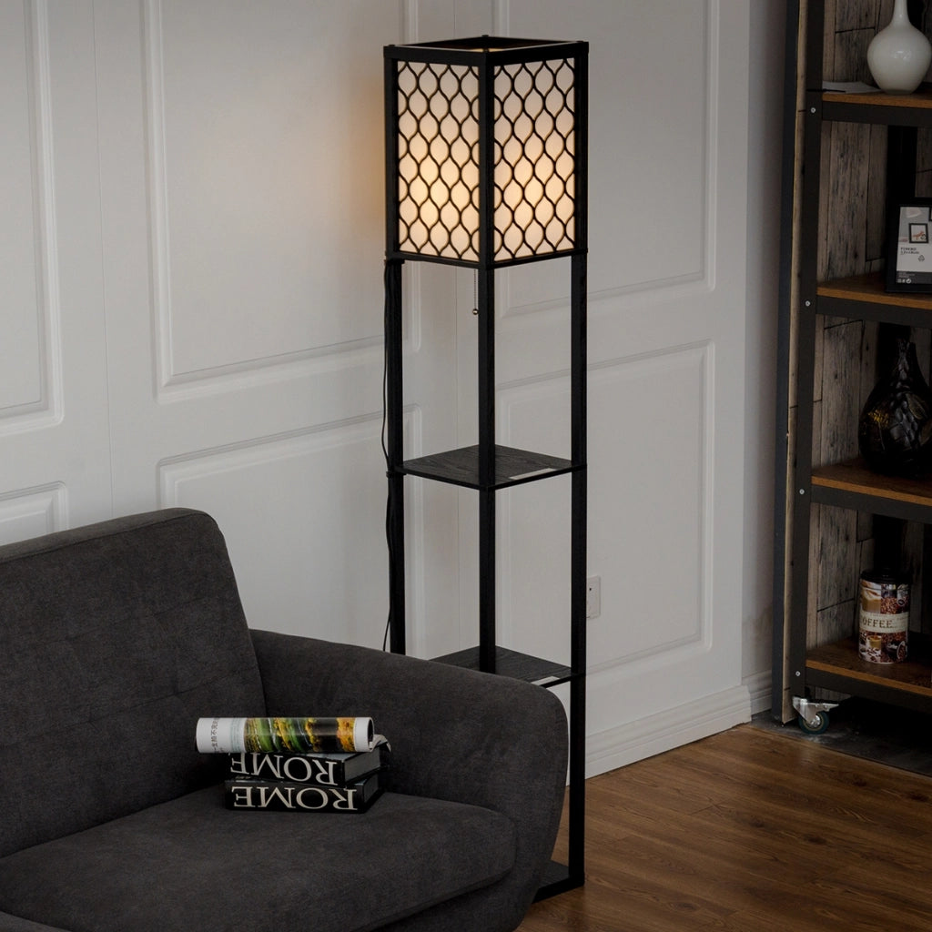 Lampada con scaffale di legno-Mensole Organizer con lampada per salone e camera da letto, Nero