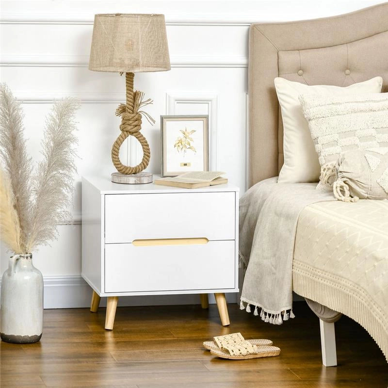 COMODINO MODERNO CON 2 CASSETTI E GAMBE IN LEGNO DI PINO 50X40X50.5 CM BIANCO