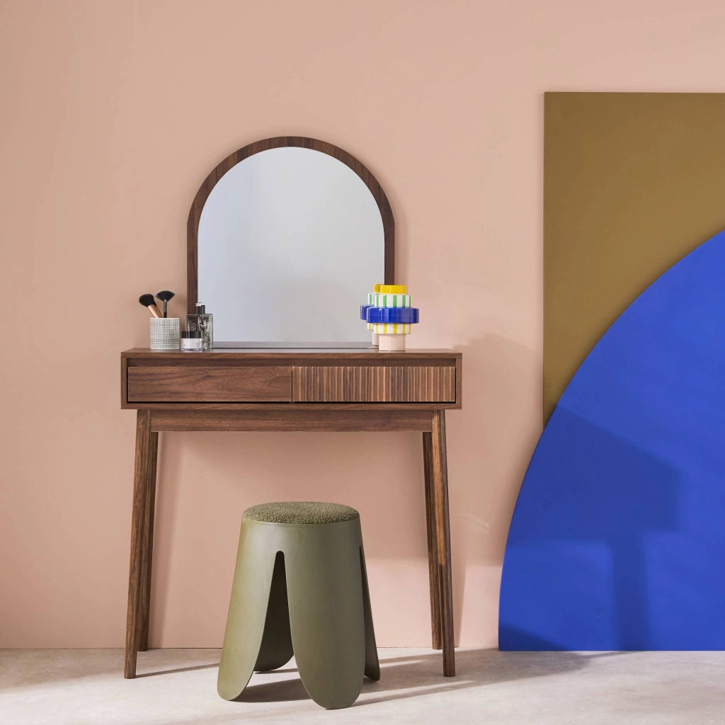 Toeletta trucco decorata in legno con specchio e 2 cassetti, 90cm,