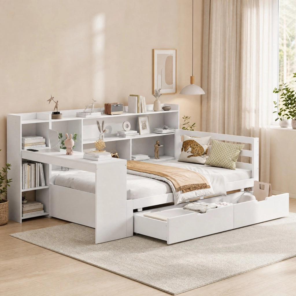 Divano letto multifunzionale 90x200 cm con scrivania; libreria; prese USB; bianco