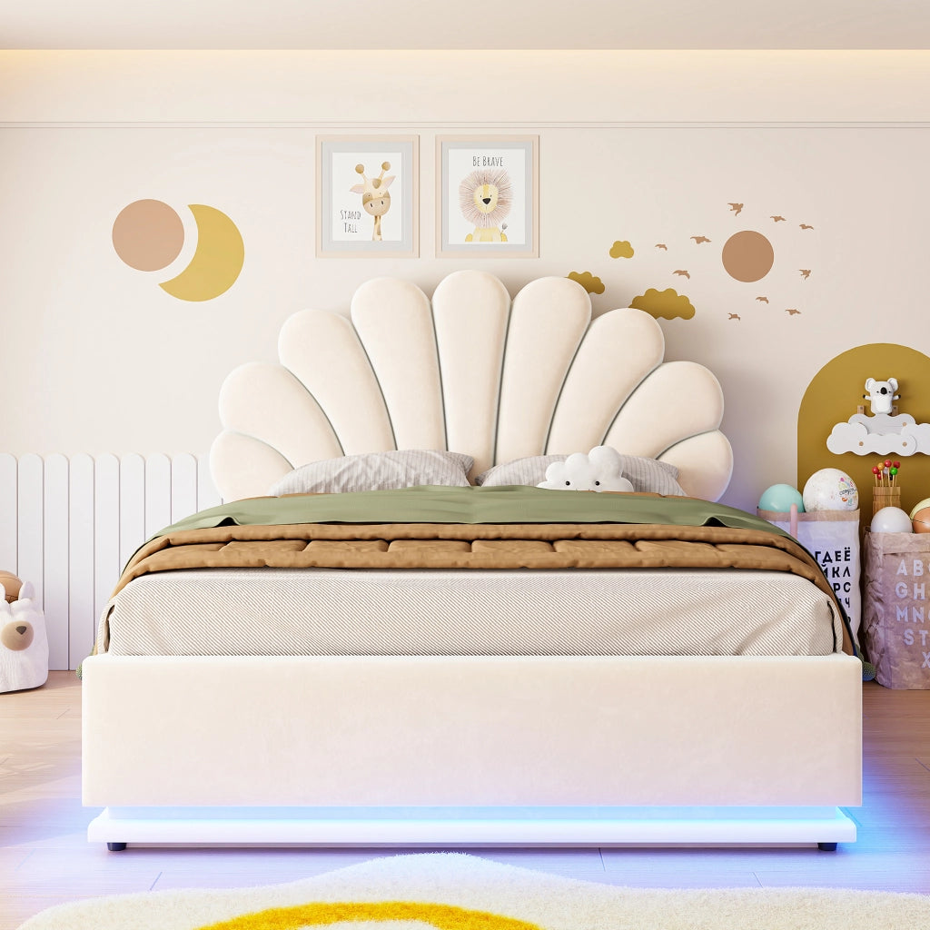 DESMIU Letto contenitore 140 × 200 cm 2 posti con vano idraulico e LED, senza materasso, in velluto, beige