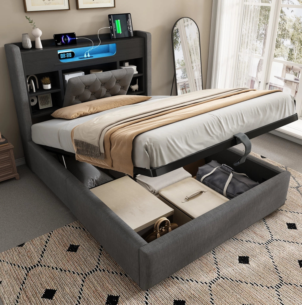 Letto contenitore 90x200 cm con LED, USB e testiera con ripiani