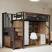 Letto a soppalco in metallo con scala contenitore; protezione a finestra e spazio sotto il letto; nero; 90x200 cm; senza materasso