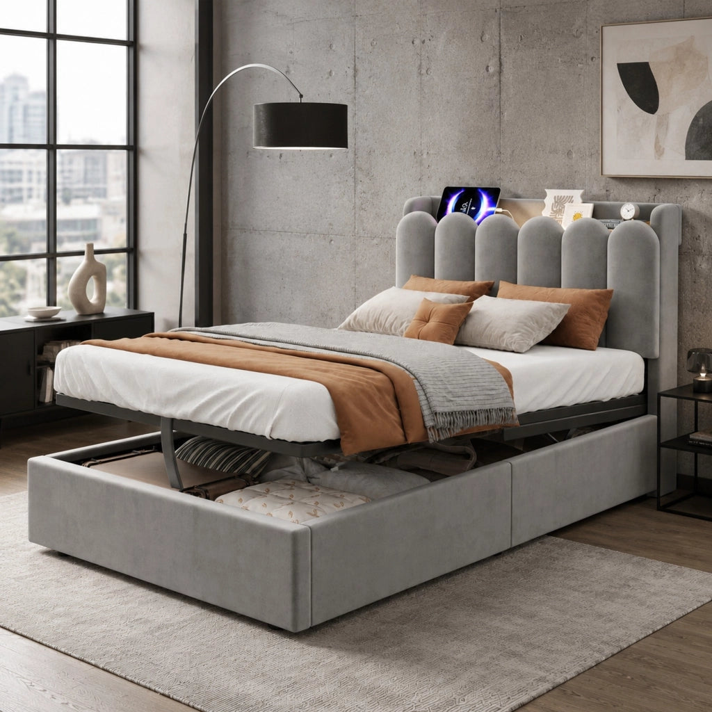 LETTO Contenitore 90x200 cm in velluto grigio con rete a doghe, USB e luce