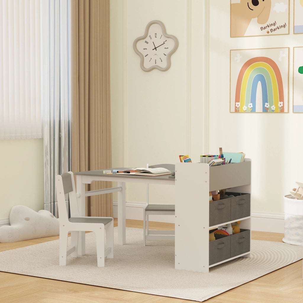 Set Tavolo e Sedie per Bambini con 2 Sedie e Tavolino Contenitore, in Legno e Tessuto non Tessuto, Grigio e Bianco