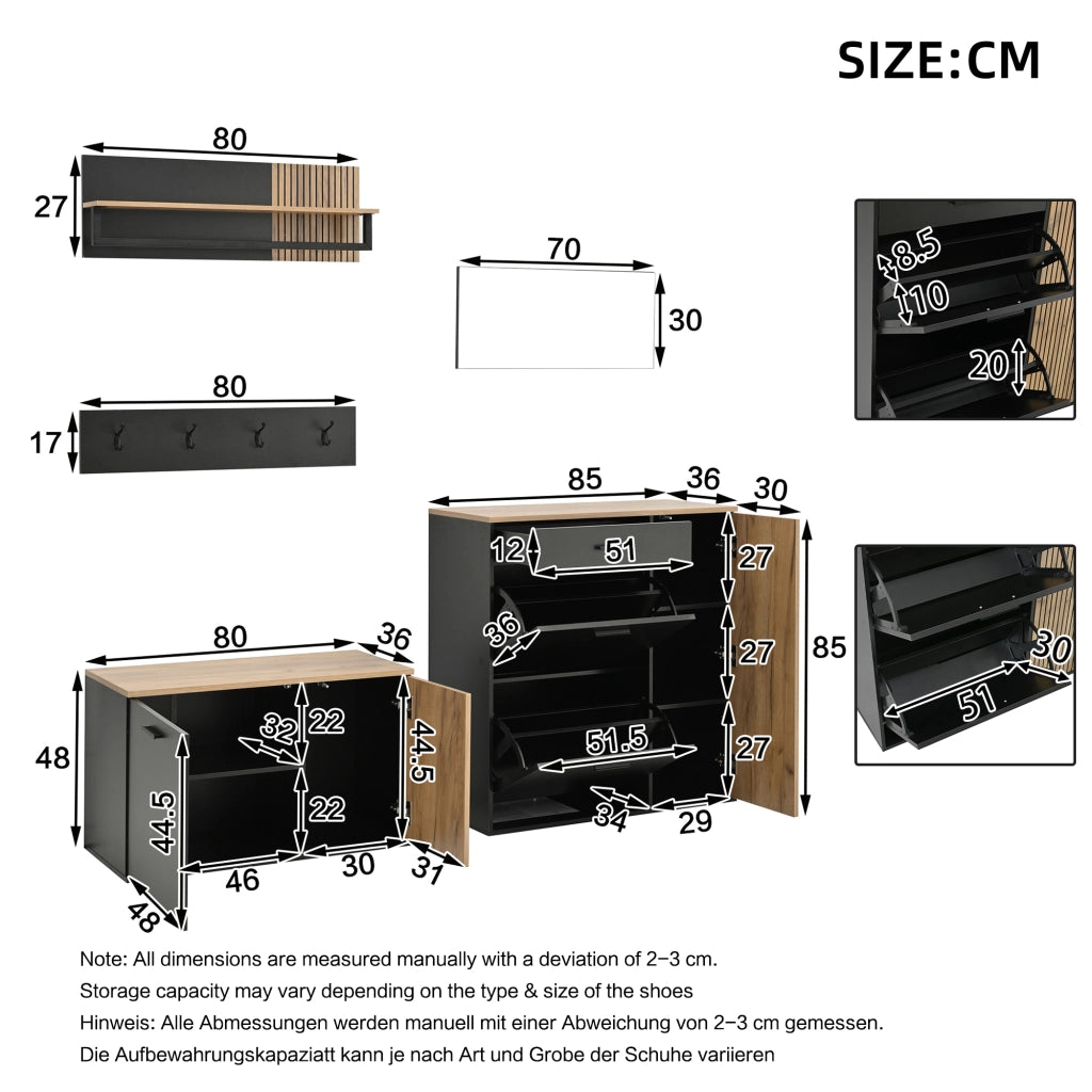 MOBILE Ingresso Set 5 pezzi con Specchio e Scarpiera Panca Nero e Naturale