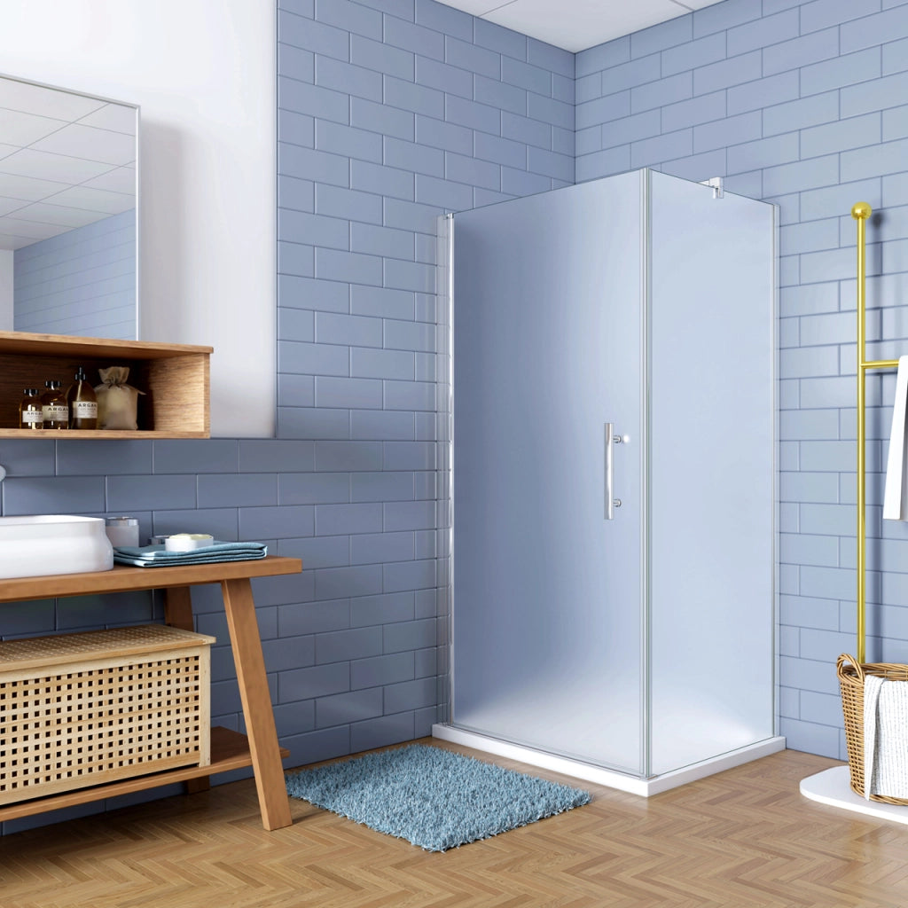 195cm Box Doccia Angolare Porta Battente con Parete Fissa 90x80cm in Vetro Temperato Satinato Opaco 6 mm Anticalcare con Barra Stabilizzatrice 140 cm (montaggio verso irreversibile)