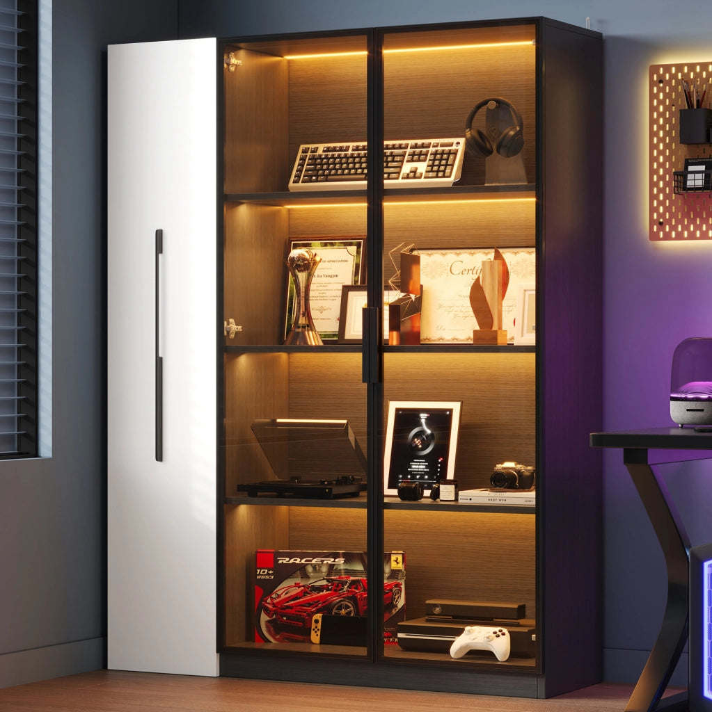 Vetrina 110.5x35x160 cm con LED e vano estraibile laterale in MDF e vetro nero