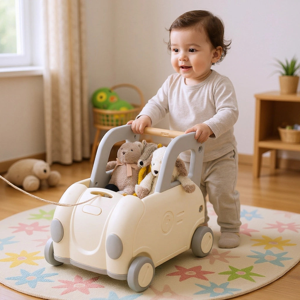 Carrello treno giocattolo per bambini per cavalcare camminare e trainare, Carrello per bambini con manico corda di traino Bianco-Macchinine giocattoli