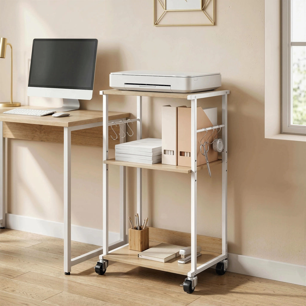 Cassettiera a 3 Livelli con Ruote e Ganchi ¨C Minimal ¨C Legno Naturale e Metallo