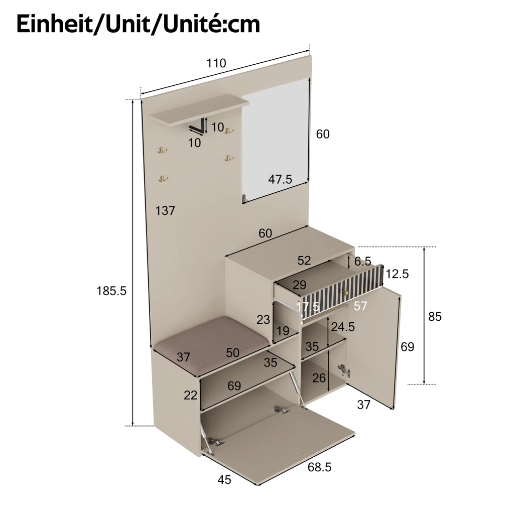 Mobile da Ingresso con 1 Anta; 1 Cassetto; Ripiani Regolabili; Specchio e Seduta Imbottita in MDF 110 x 37 x 185.5 cm