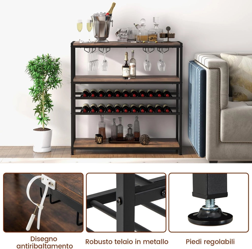 Mobile Portabottiglie a 5 Livelli, Portabottiglie per Vino da Terra con 2 Ripiani Porta Vini, 4 Porta Calici Piano Spazioso e Ripiani Aperti, per Cantine, Sala da pranzo, Cucina