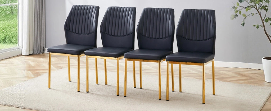 [Set di 4] Eleganti sedie da pranzo in stile lusso discreto: schienale in PU nero con goffratura verticale + gambe in metallo dorato, adatte a sale da
