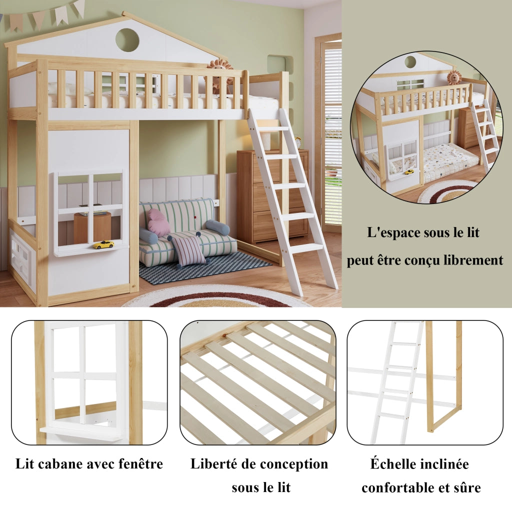 Letto a Castello 90x200 cm - con Scala; Tetto; Finestre e Sponde - Bianco e Naturale