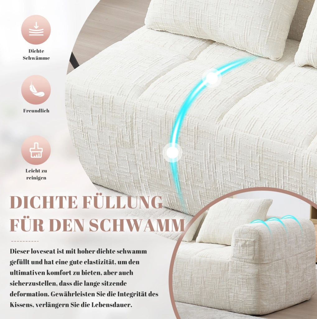 Divano con chaise longue in chenille beige 158x90x60 cm; con tasche laterali e cuscino