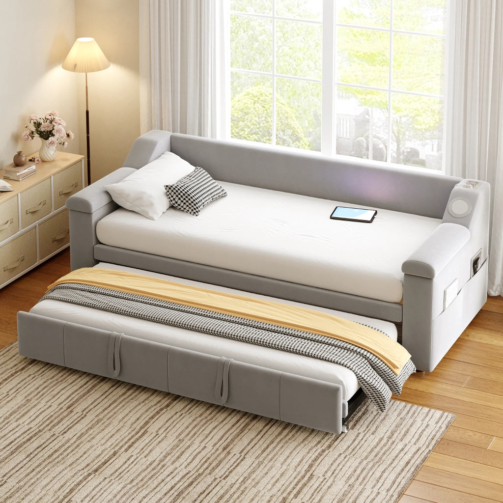 LETTO SOFA 90/190 cm Grigio in velluto con armlehnen Bluetooth, USB e ripiani