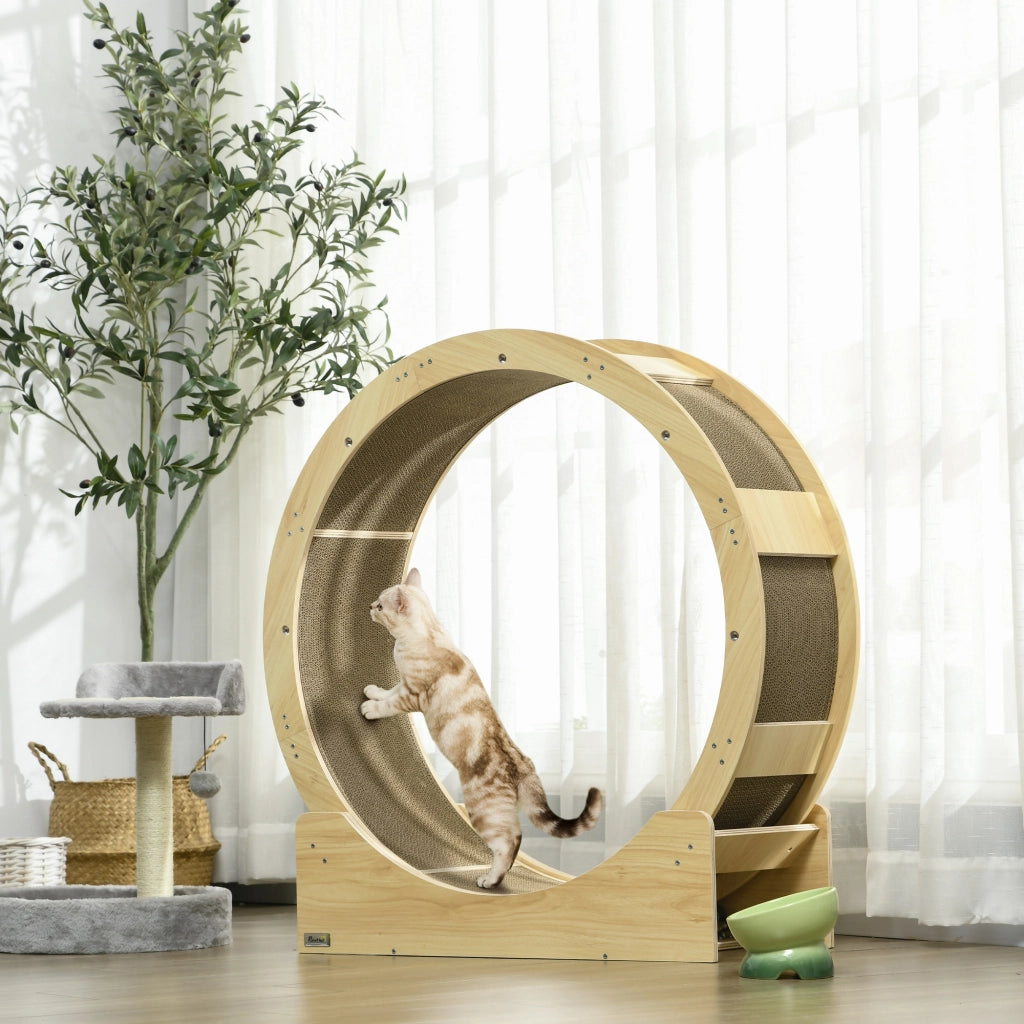 Ruota per gatti da 91 cm con freno e tiragraffi, ruota per gatti per esercizio e relax salutari realizzata in rovere