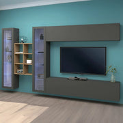 Parete attrezzata Alezio, Set salotto porta TV a 4 ante, Mobile soggiorno multiuso, 100% Made in Italy, cm 280x30h180, Antracite e Acero