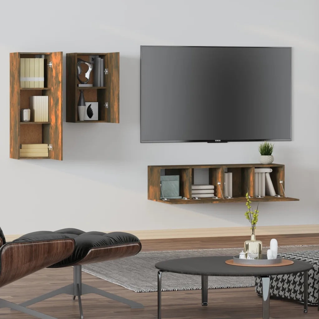 Set di Mobili Porta TV 4 pz | Armadietto TV | Mobile Porta TV Rovere Fumo in Legno Multistrato