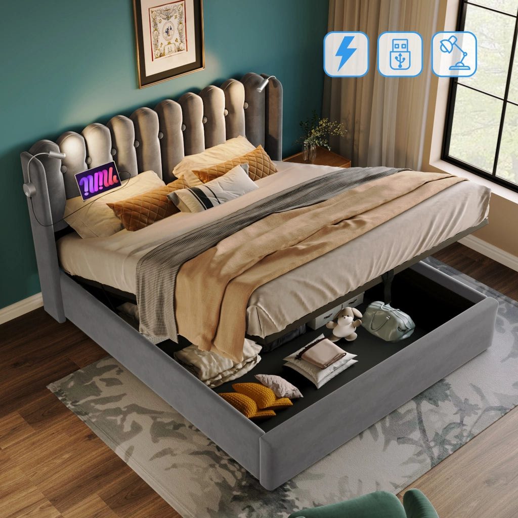 OKWISH Letto contenitore 160×200 cm, Letto Matrimoniale con USB, Lampada da Lettura e Testiera, senza Materasso, in Velluto, Grigio