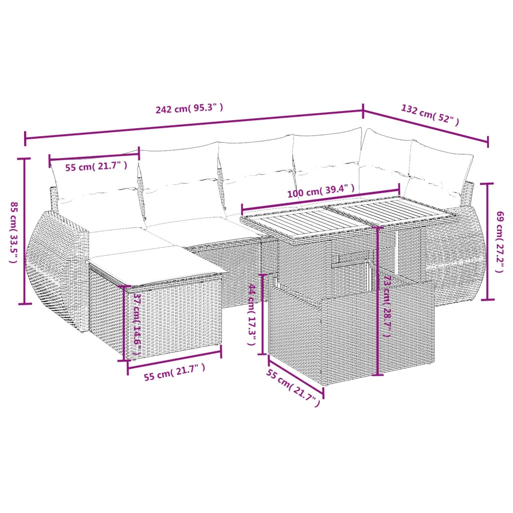 Set Divani da Giardino 7 pz con Cuscini Beige in Polyrattan