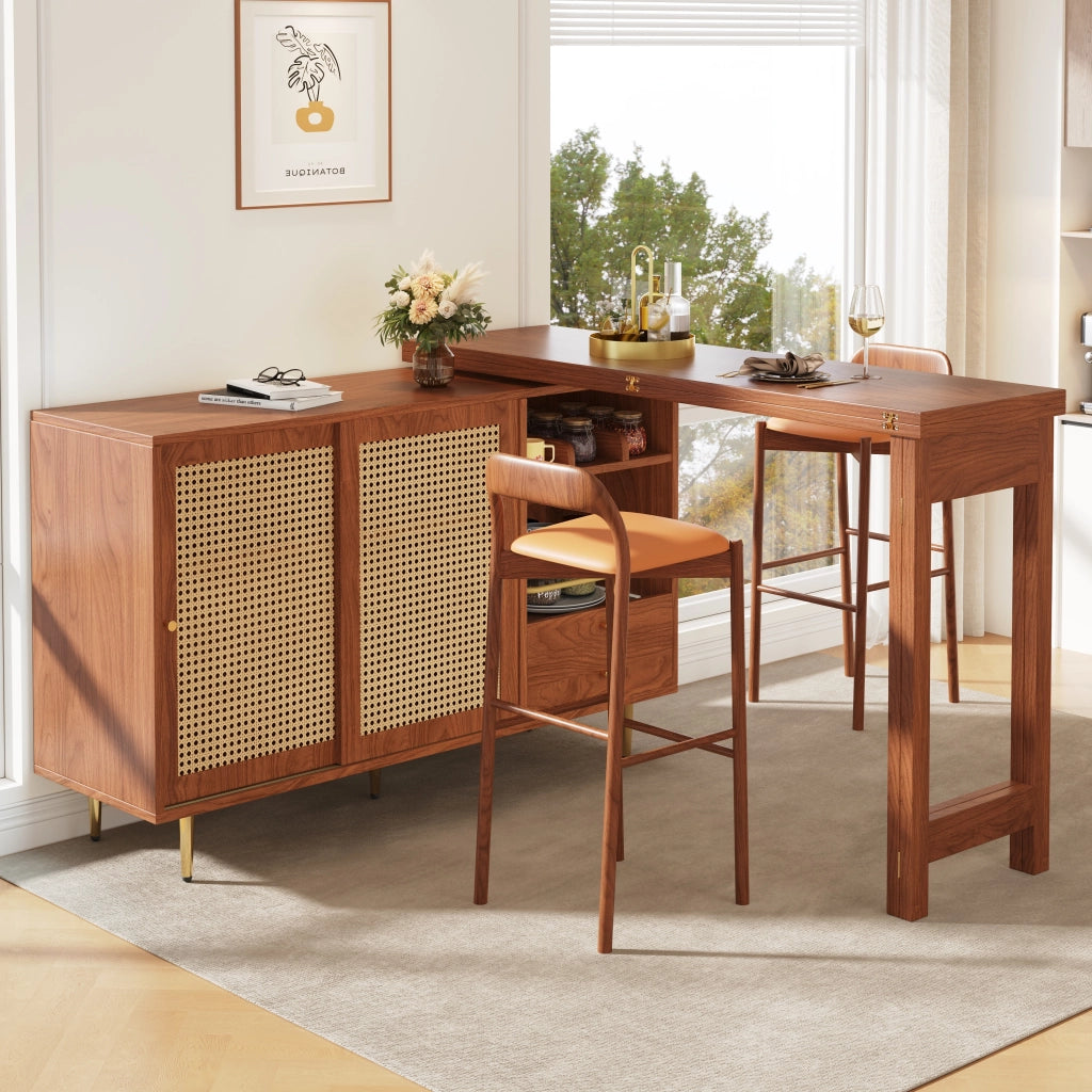 Tavolo Bar Girevole 360¡ã con Anta in Rattan e Ripiano ¨C MINIMAL ¨C Legno Marrone 107x40x71