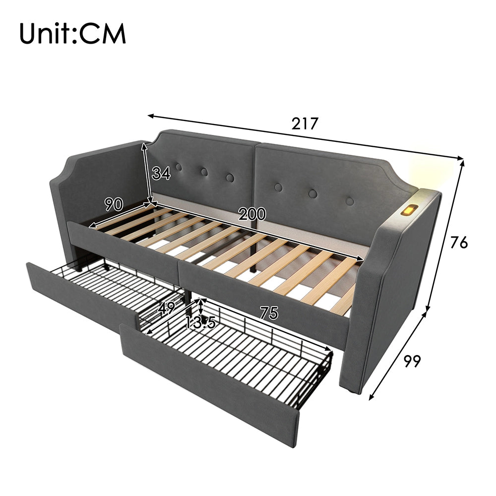 Letto a sedia con luce USB-C - Xylo - 90x200 cm - Grigio - 2 cassetti