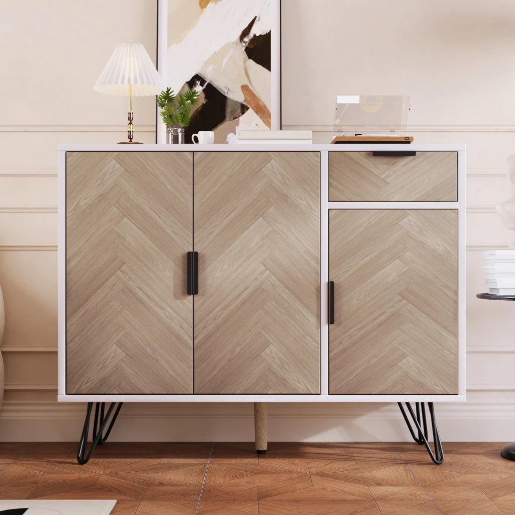 OKWISH Credenza Contenitore con 3 Ante e 1 Cassetto, Ripiani Regolabili, per Soggiorno Ingresso Camera, MDF, Bianco e Legno, 90 x 30 x 71,5 cm