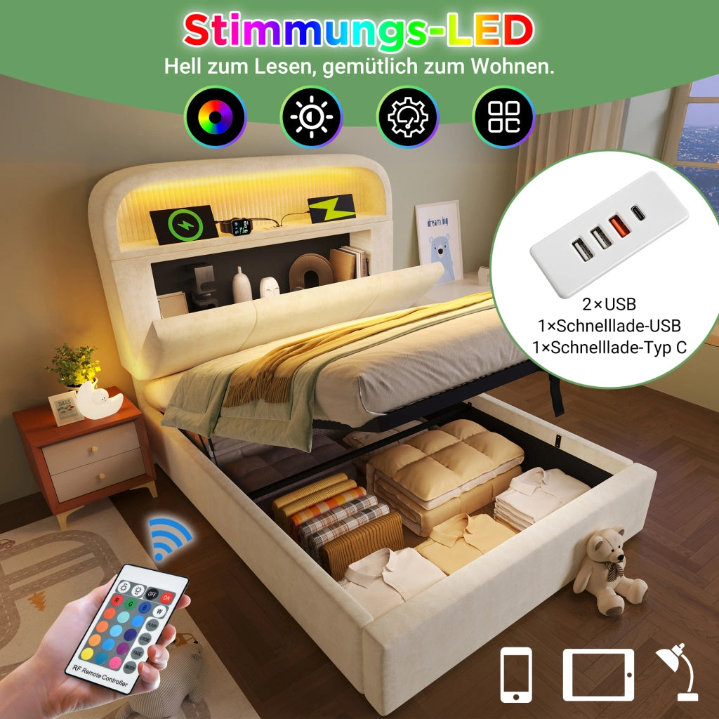 LETTO contenitore 90x200 cm in velluto beige con materasso incluso, LED e USB/Type-C