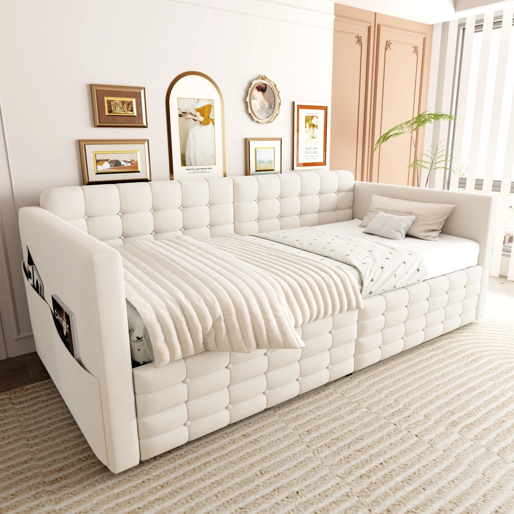 LETTO Imbottito 90x190 cm Beige con tasche laterali e 2 cassetti