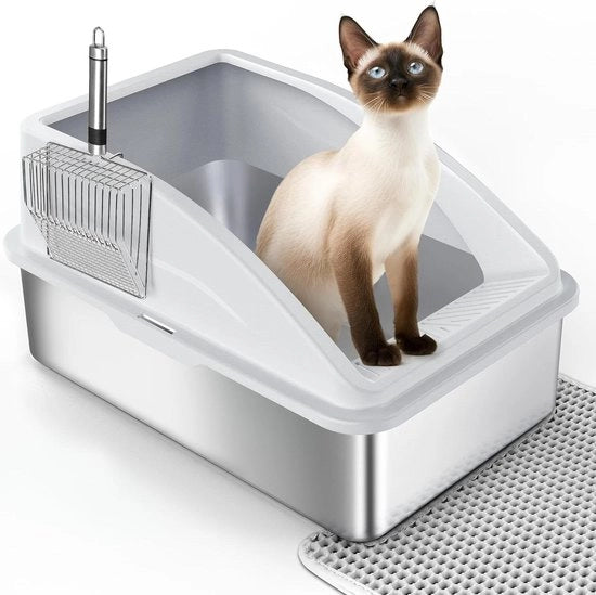 Scatoliera per Gatti - XXL 28 L Acciaio Inox - Grande Capacità, Impermeabile, Anti-Spruzzo - Scatoliera Semi-Chiusa per Gatti con Spada e Tappeto - 60 x 40 x 31 cm