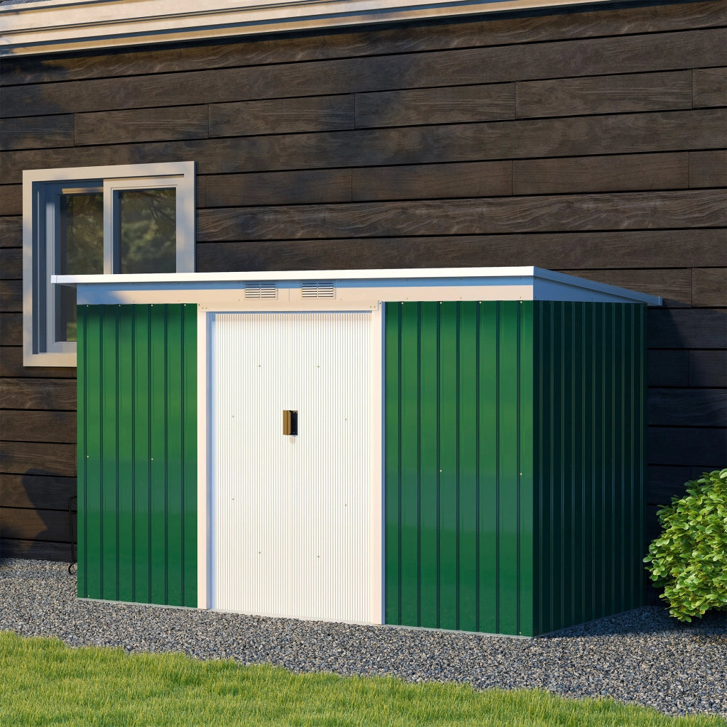 Capanno da giardino; capanno da giardino; capanno da giardino con porta scorrevole; finestra di ventilazione; tetto monopendio; esterno; acciaio; verde scuro; 280 x 130 x 172 cm
