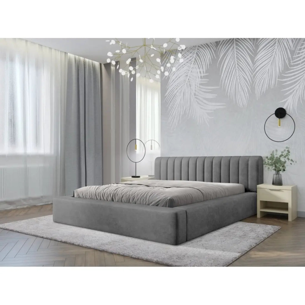 Letto contenitore CERVIN – Velluto morbido Nacre di cemento – 160x200 cm – Rete sollevabile – Design contemporaneo