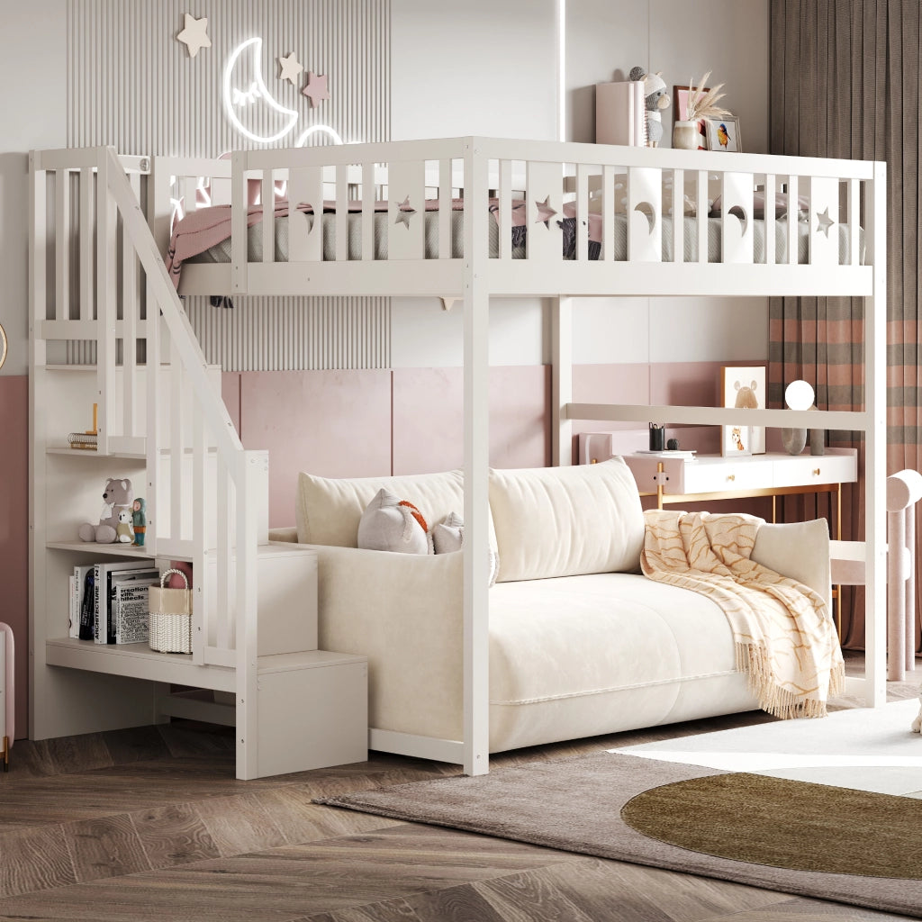 LETTO A CASTELLO 140x200 con scala, legno massello, bianco