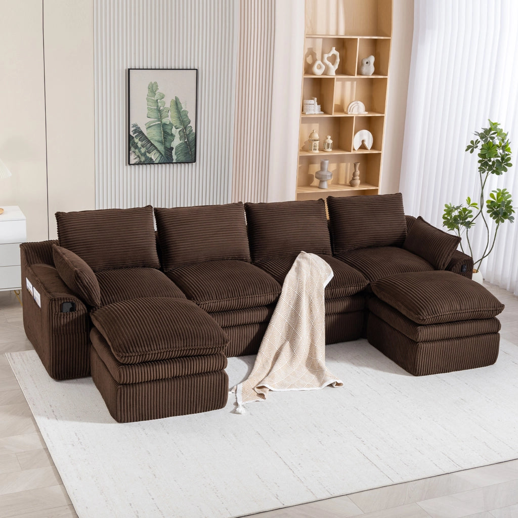 Divano modulare 4 posti con tasche laterali e cuscini - in corduroy marrone