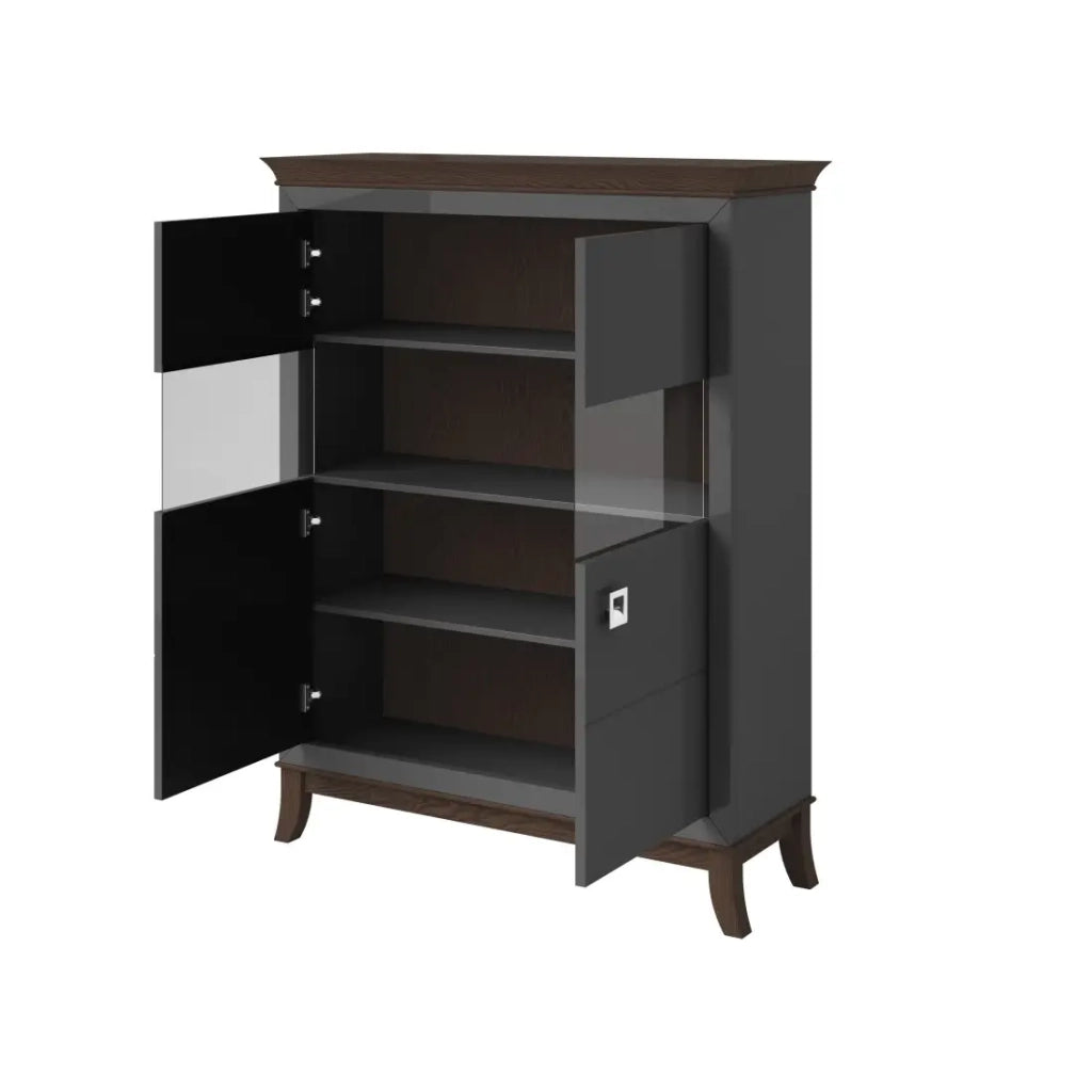 Buffet alto design con 2 ante per soggiorno, colore grigio e rovere scuro, collezione PALACE