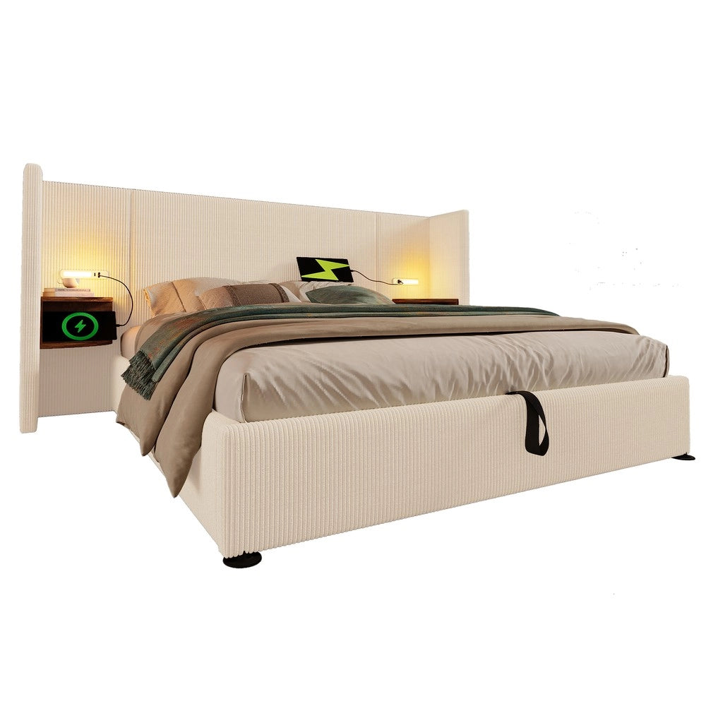 Letto Imbottito Matrimoniale Contenitore ¨C MINIMAL ¨C Cordone Beige/Bianco, Doghe Massello, 180x200