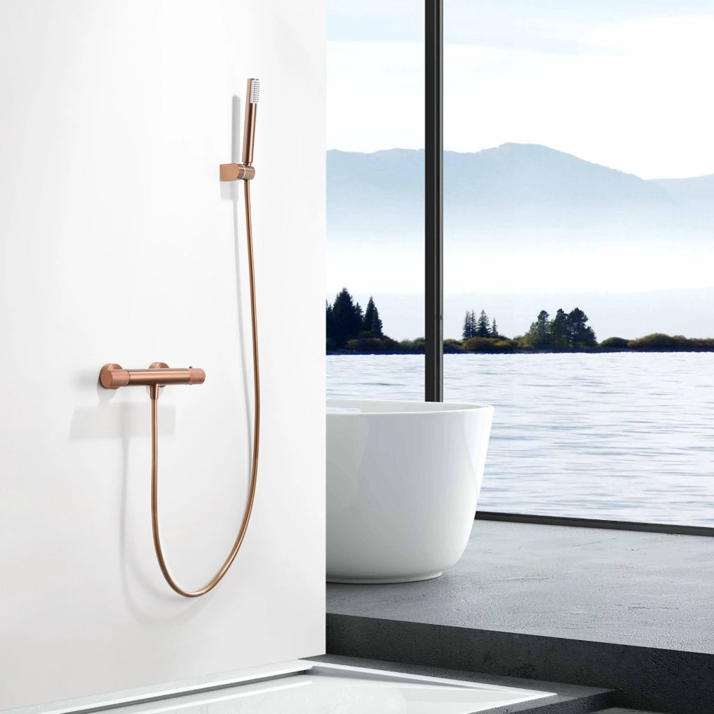 IMEX Miscelatore vasca-doccia termostatico in ottone e zama con finitura PVD oro rosa spazzolato maniglia tonda in ottone tubo flessibile PVC supporto ABS portata 12 l-min cartuccia TURN CLEAN SY