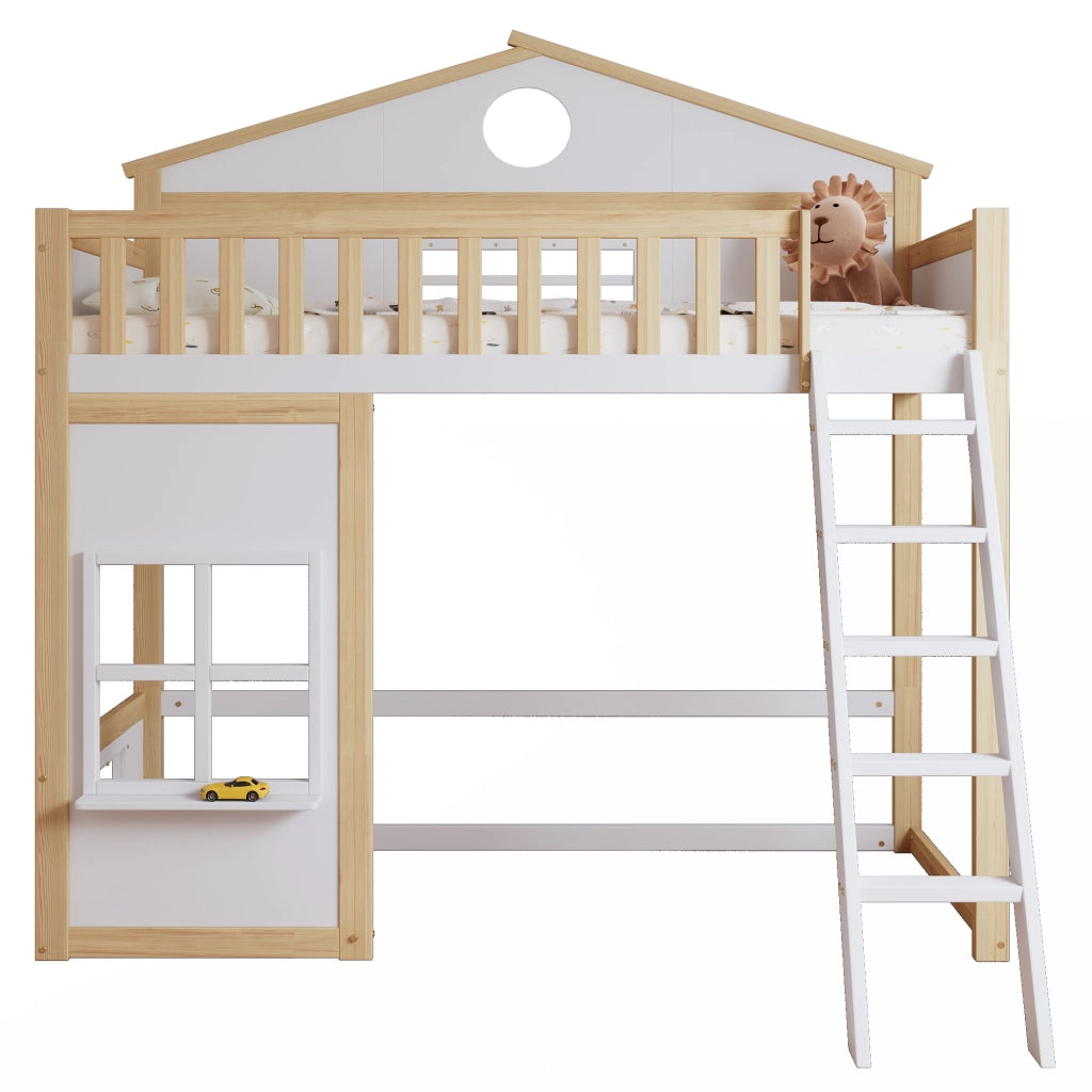 Letto a Castello 90x200 cm - con Scala; Tetto; Finestre e Sponde - Bianco e Naturale